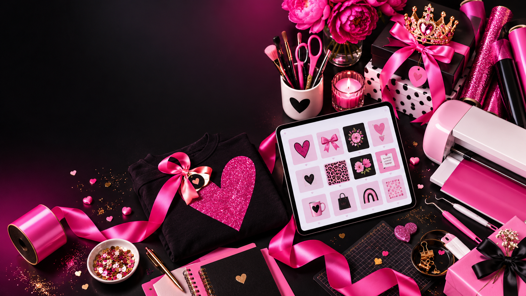 Pink and black Crafty Kissy workspace with handmade gifts, craft tools, and a tablet